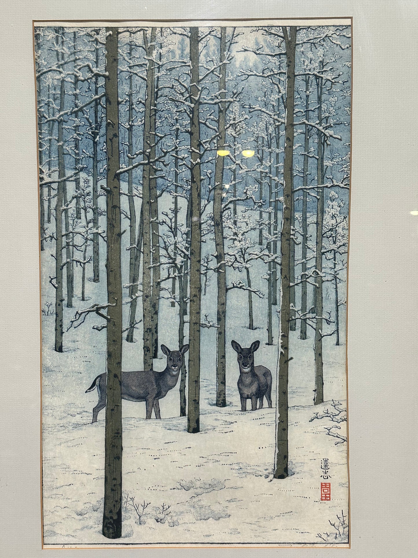 Toshi Yoshida Woodblock Print Aspen - Deer in Snow Covered Forest