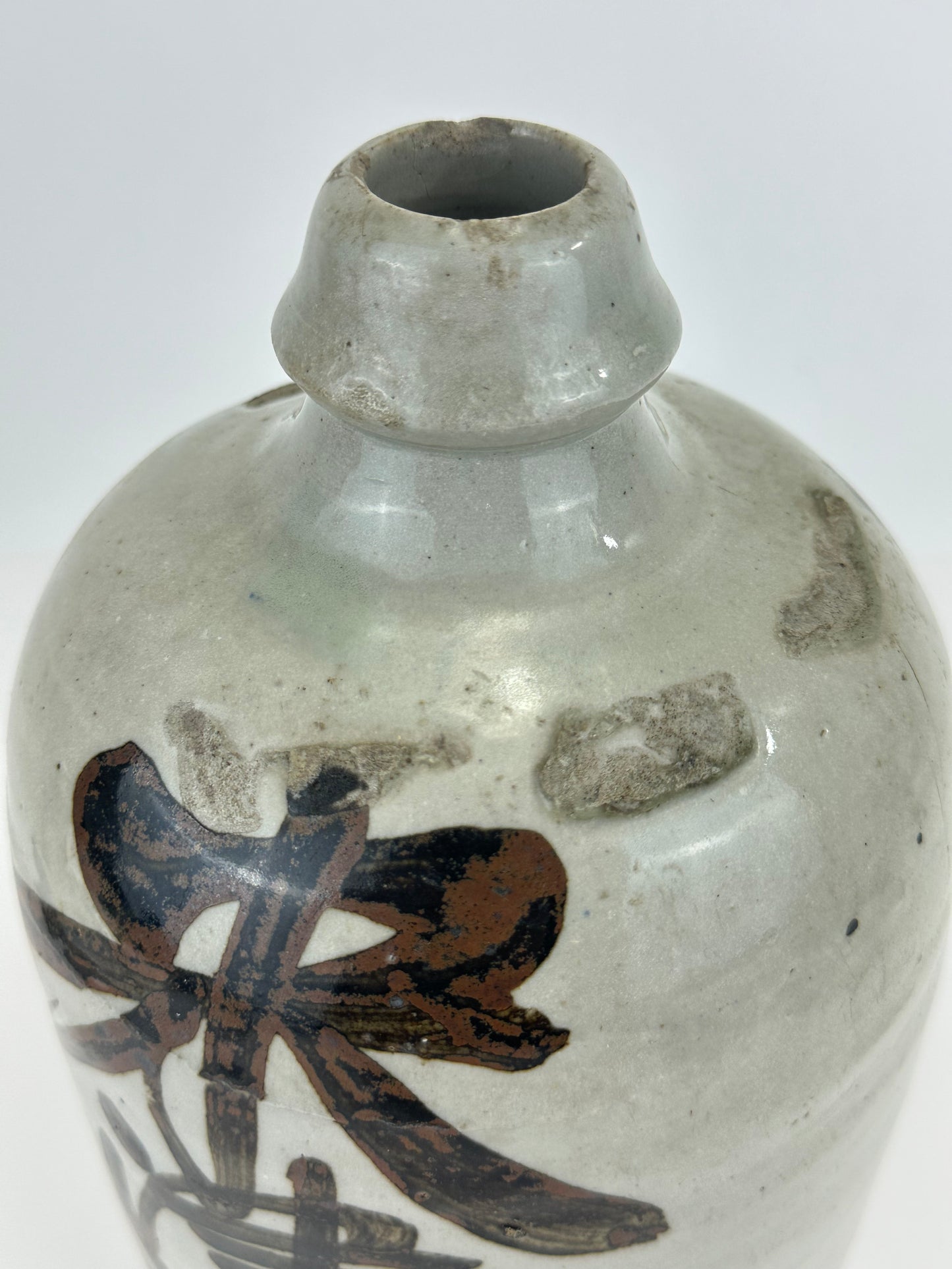 Antique Japanese 1800's Tokkuri Sake Jug Calligraphy Ceramic Mingei Vase 10"