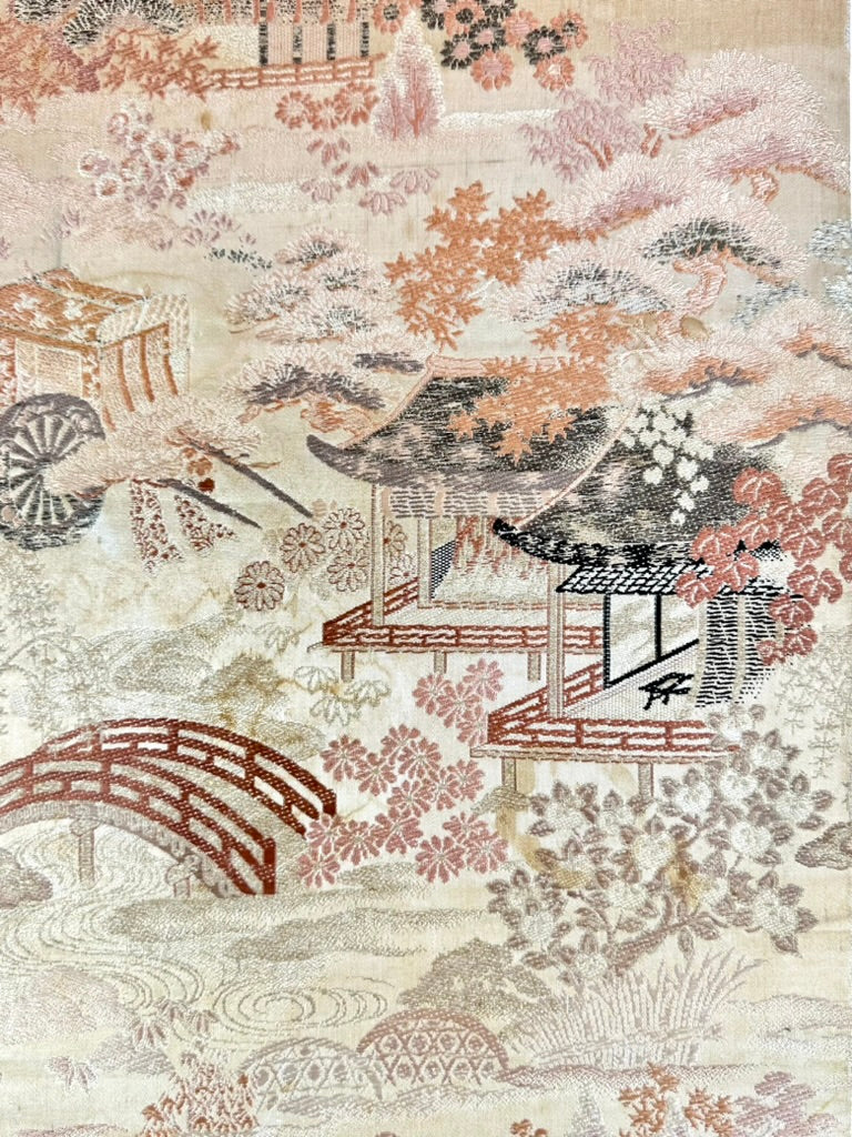 Antique Japanese Silk Obi Pictorial Garden Pavilion Bridge Genji Wheel 12'L