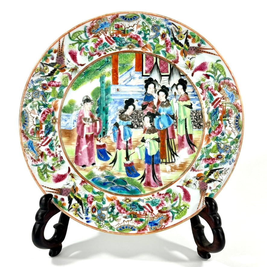 Antique Chinese Qing Famille Rose Canton Porcelain Plate Domestic Scene 8″W
