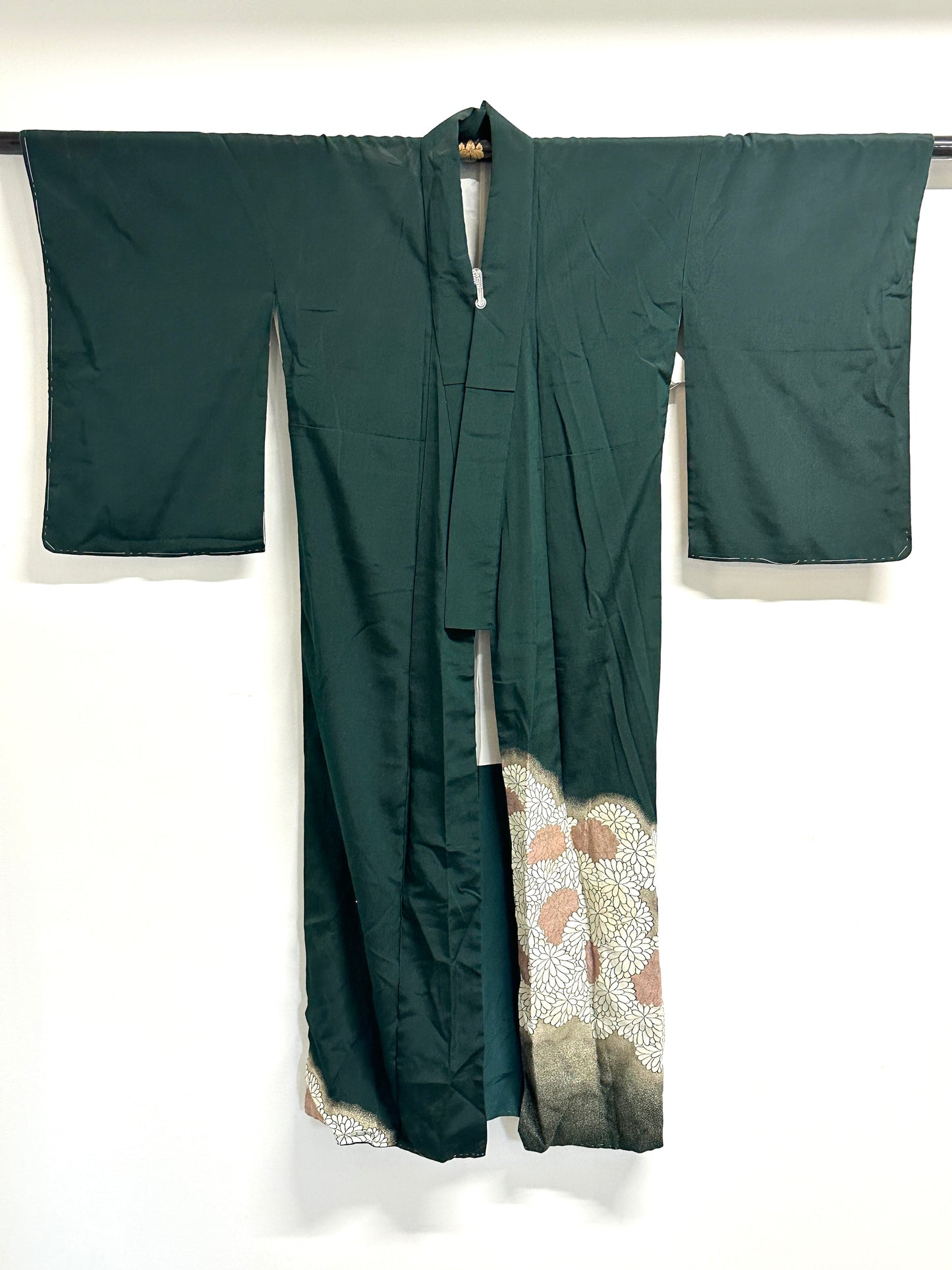 Vintage Japanese Silk Kimono Kiku Hanazume Suso on Deep Green Gold Bokashi Showa
