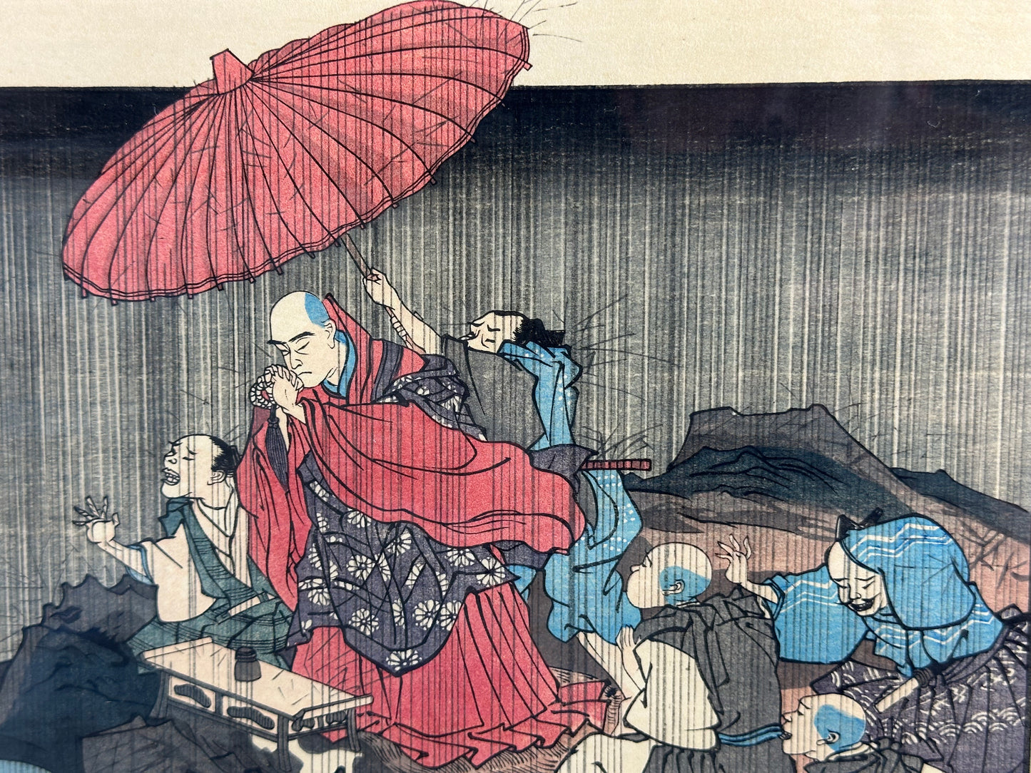 Japanese Woodblock Print Reproduction: By Kuniyoshi "Rain Prayer" in Vintage Frame