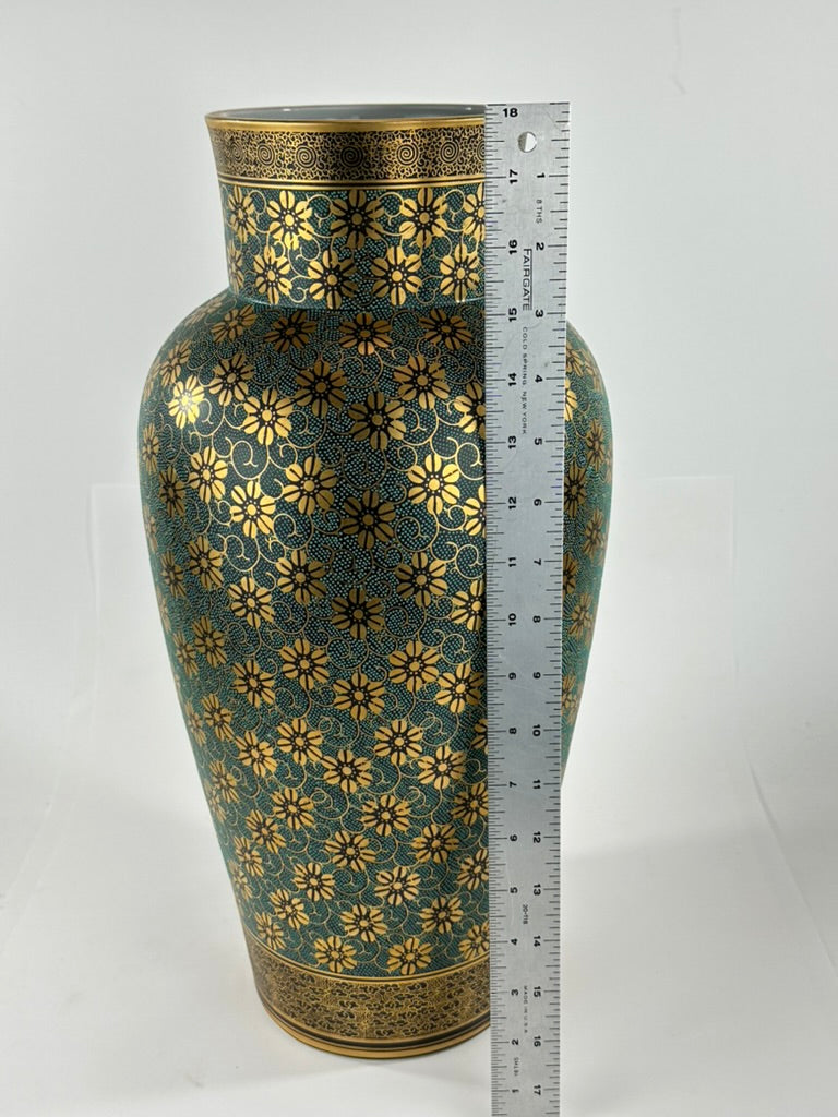 Vintage Kutani Shozan Porcelain Vase Green Gold Kiku Hanazume Hardwood Stand Showa 18"H