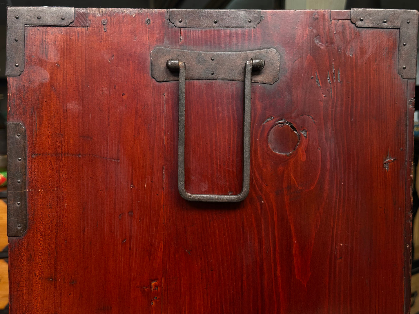 Antique Japanese Meiji Era c1890's Matsumoto Tansu Persimmon & Vermilion Finish 41"H