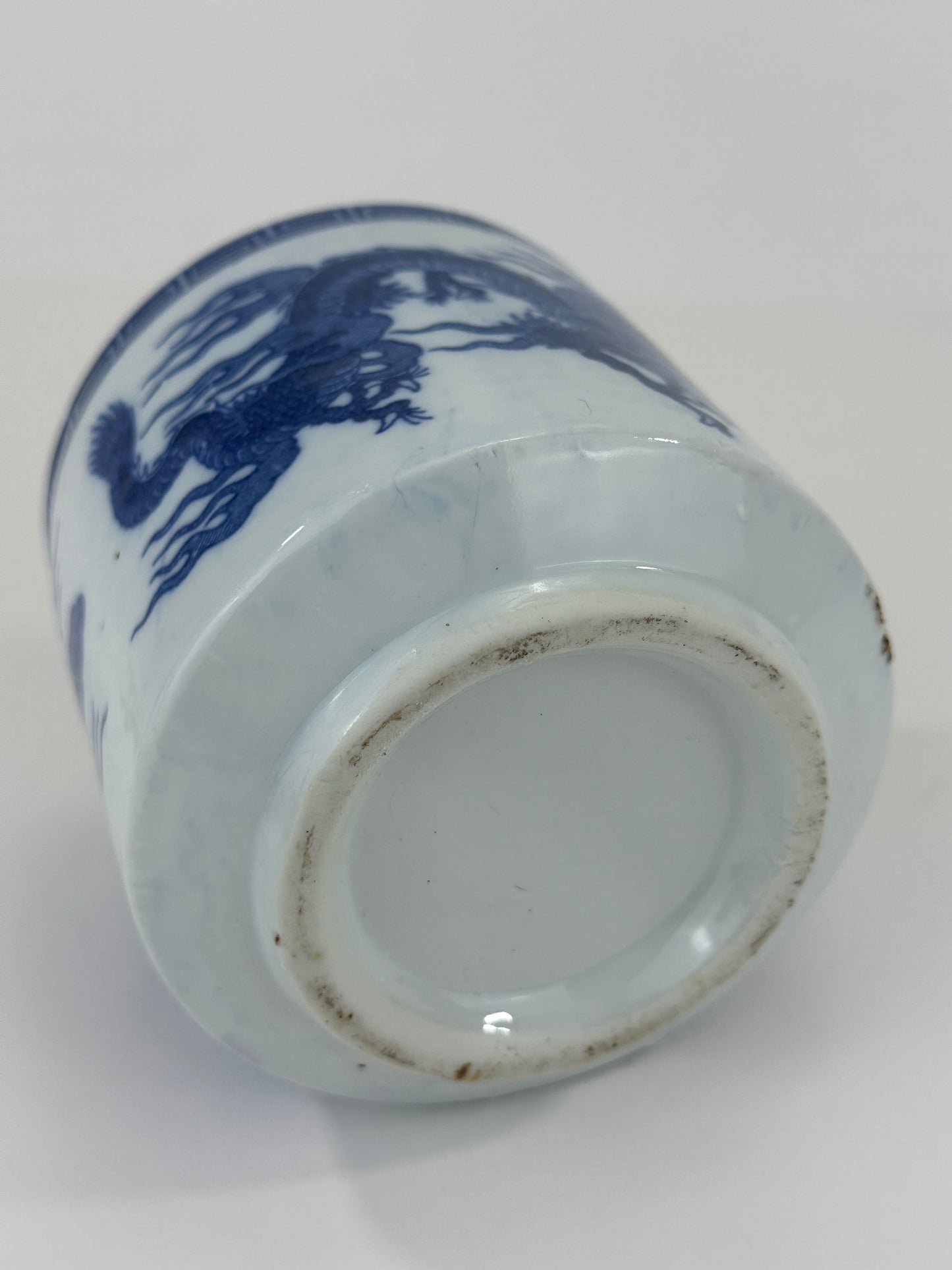 Vintage Chinese Porcelain Blue Dragon Brush Pot Republic Period 4.5"H