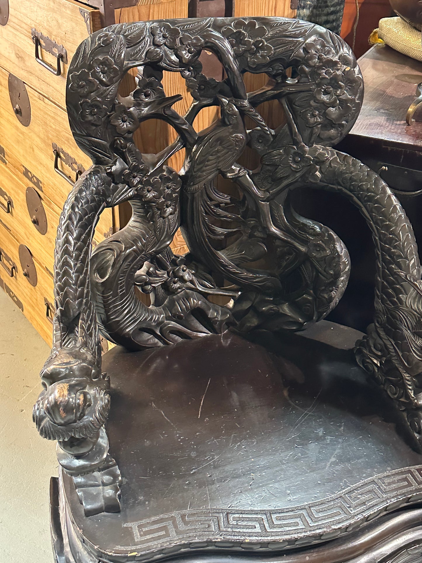 Japanese Dragon-Carved Export Armchair in Sugi Wood Meiji Era, c.1900 18.5" Seat
