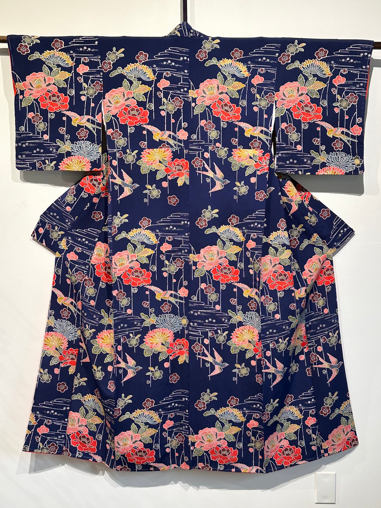 Japanese Chirimen Silk Houmongi Kimono w/ Sparrows & Peonies Dark Blue