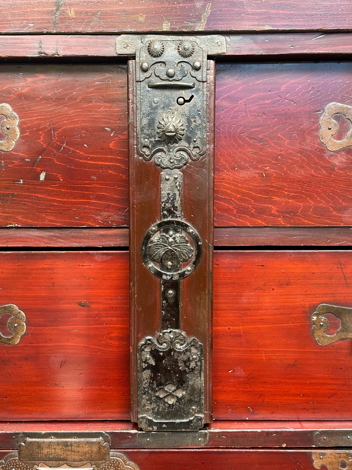 Antique Japanese Meiji Era c1890's Matsumoto Tansu Persimmon & Vermilion Finish 41"H