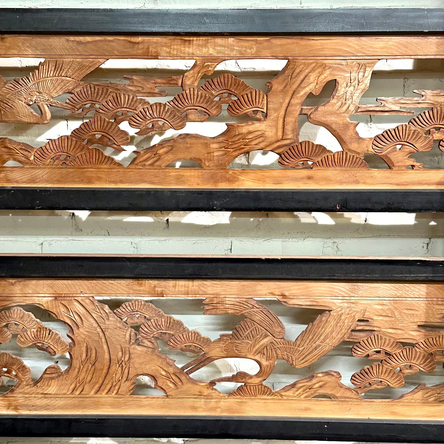 Vintage Japanese Ranma PAIR Cranes & Pines Carved Transom Screen Sugi Wood 67"