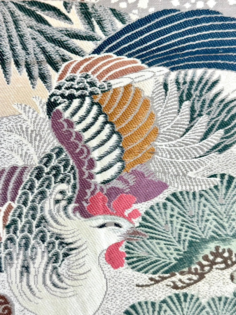 Antique Japanese Silk Maru Obi Taisho Phoenix Fan Chrysanthemum Pine 13'L
