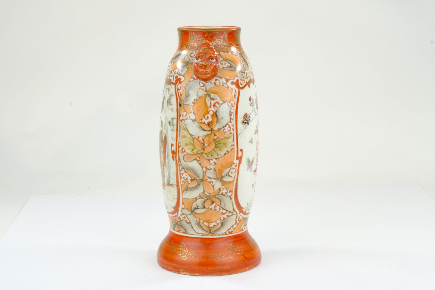 Antique Japanese Kutani Vase Dai Nippon Dragon Handles Bijin Figures Peony Butterfly Meiji 9H