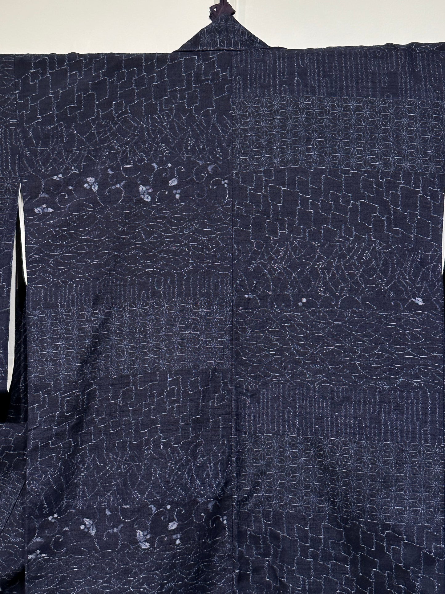 Japanese Tsumugi Ojiya Silk Kimono Hand Spun Dark Blue Asanoha