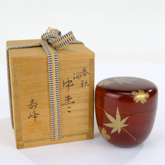 Japanese Tea Ceremony Natsume Tea Caddy Maple Leaf Motif w/ Kiri Wood Box