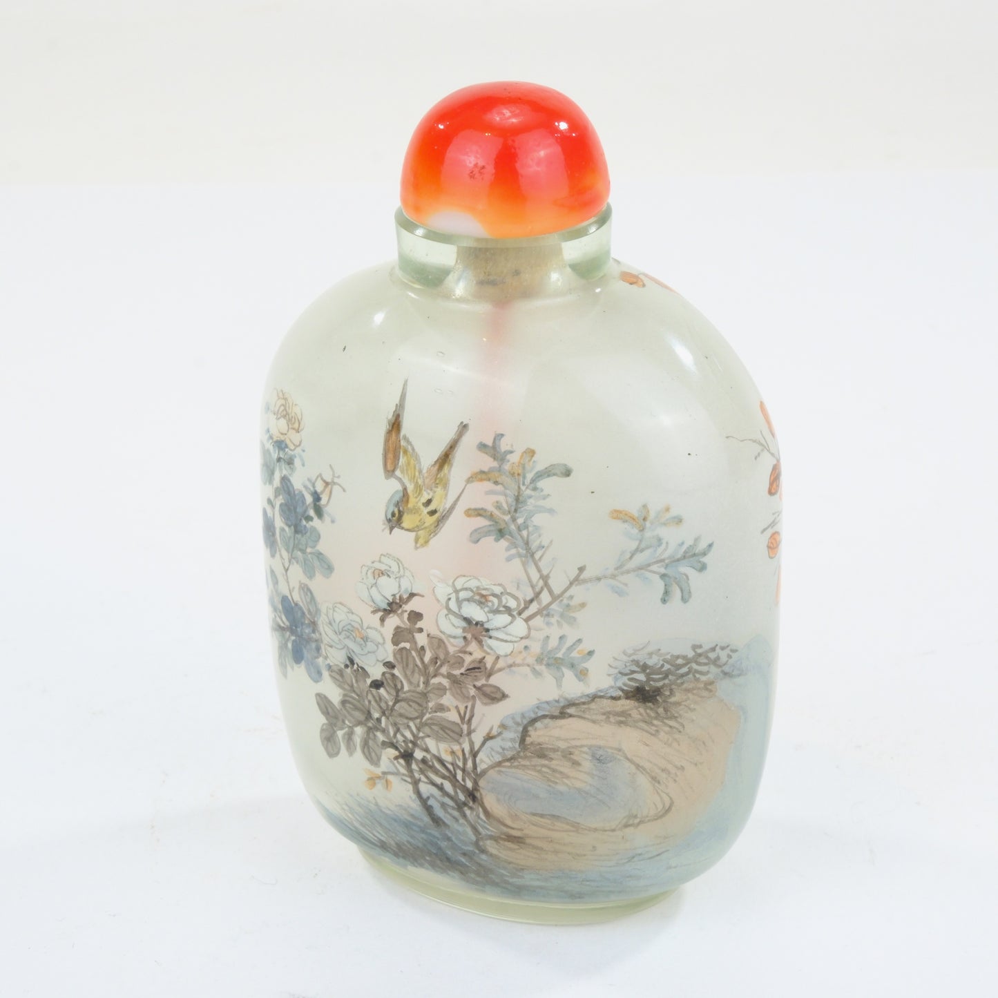 Chinese Clear Glass Interior Painted Snuff Bottle Bird Flower Rock Carnelian Stopper