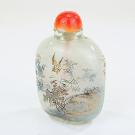 Chinese Clear Glass Interior Painted Snuff Bottle Bird Flower Rock Carnelian Stopper