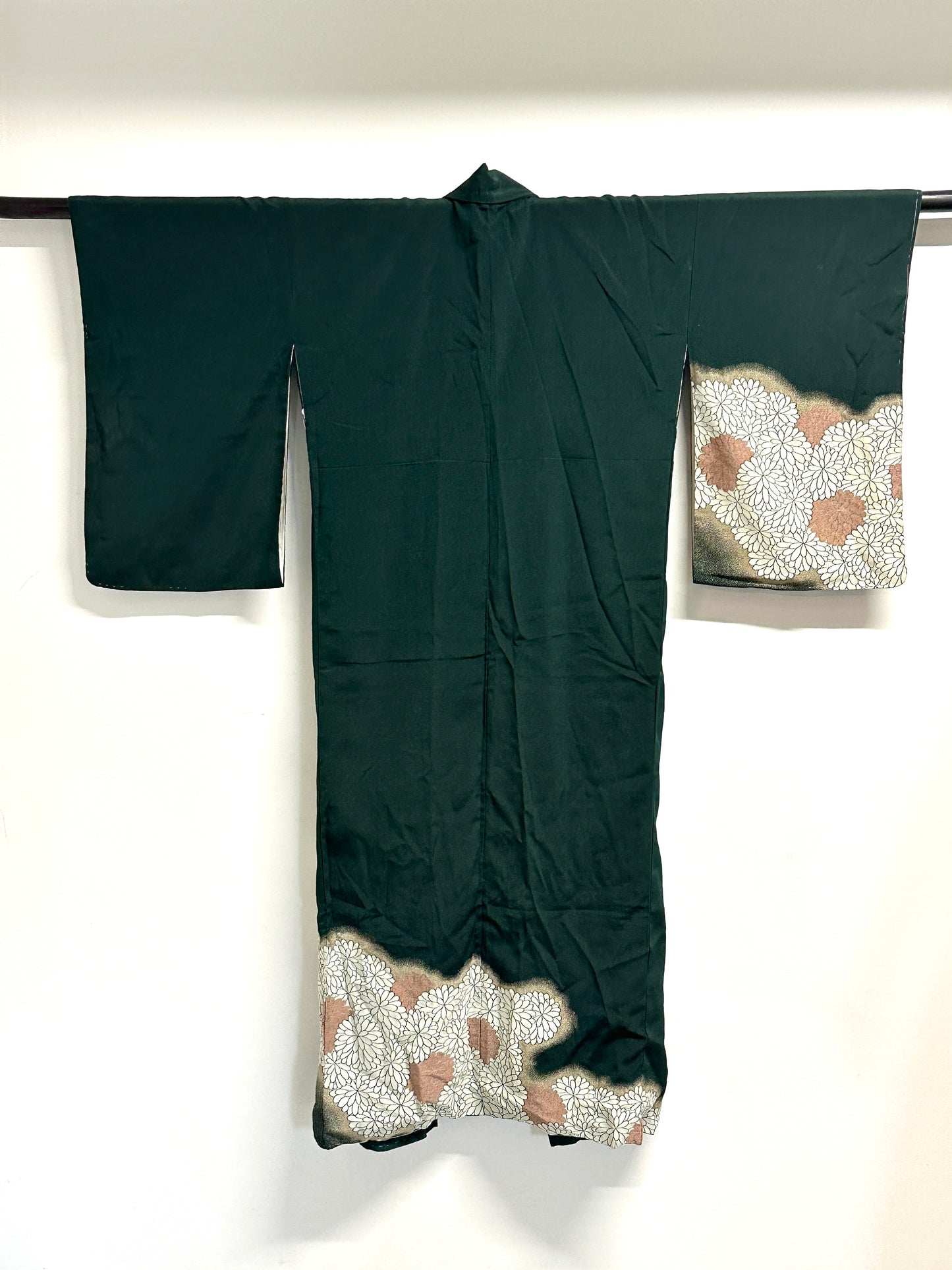 Vintage Japanese Silk Kimono Kiku Hanazume Suso on Deep Green Gold Bokashi Showa