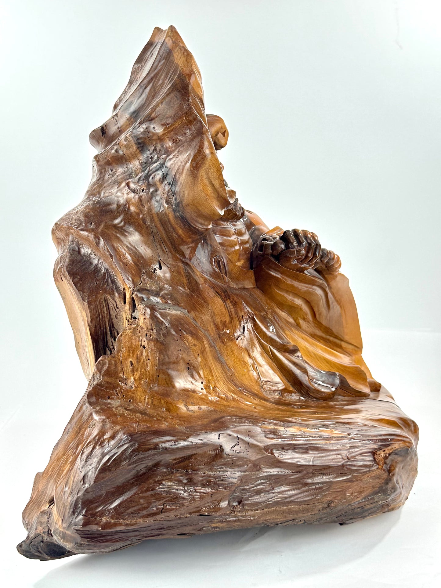 Japanese Showa Era Sugi Wood Carved Daruma Bodhidharma Sculpture Root Wood Base 17"H LS#089