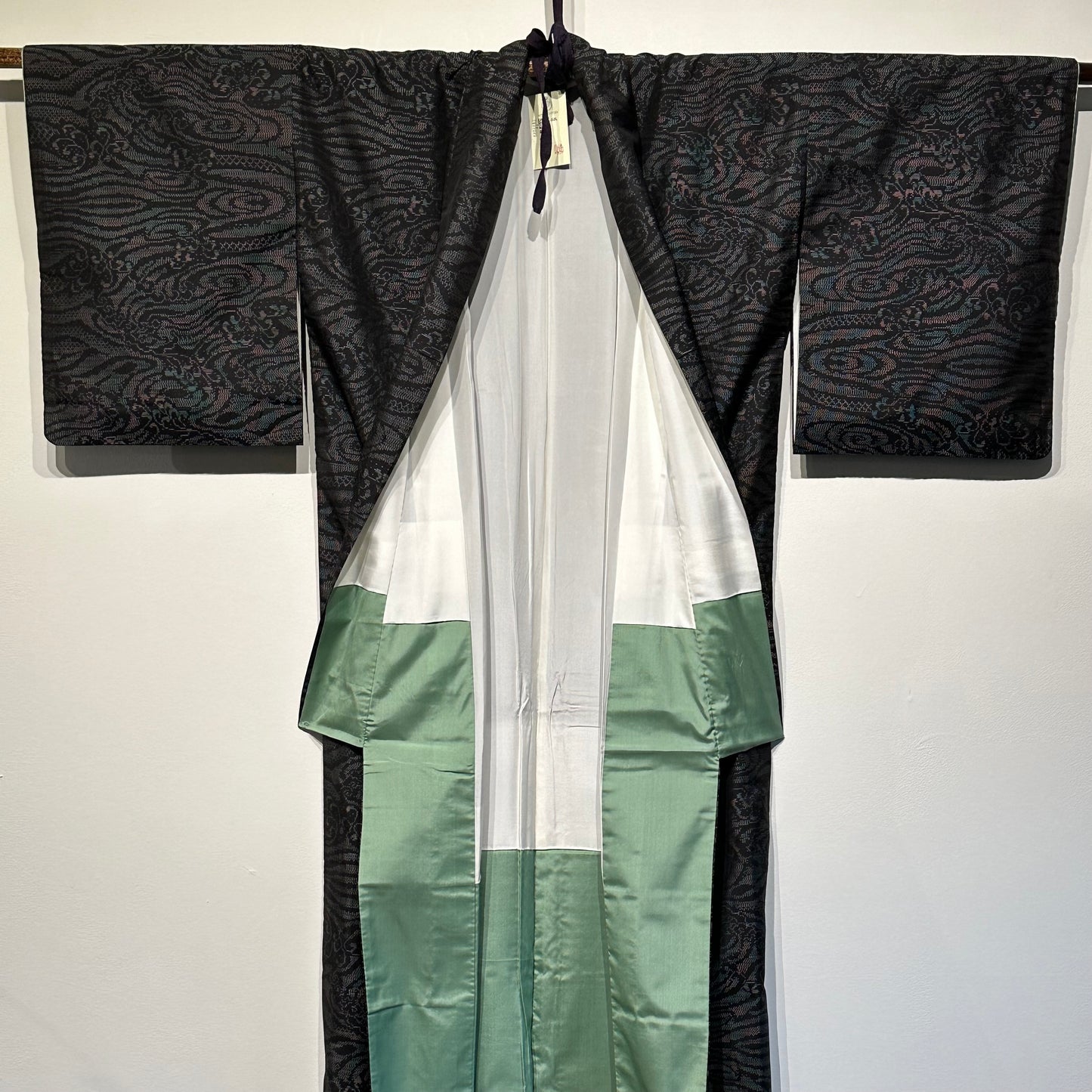 Japanese Oshima Silk Kimono Black Wave Motif