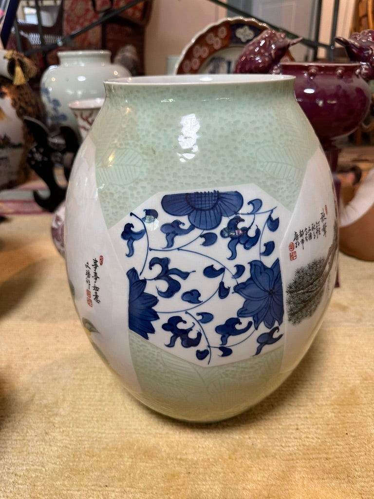 Chinese Jingdezhen Celadon Porcelain Vase Monkeys Persimmon Hu Wenfeng 2007 18"H 26C*GL