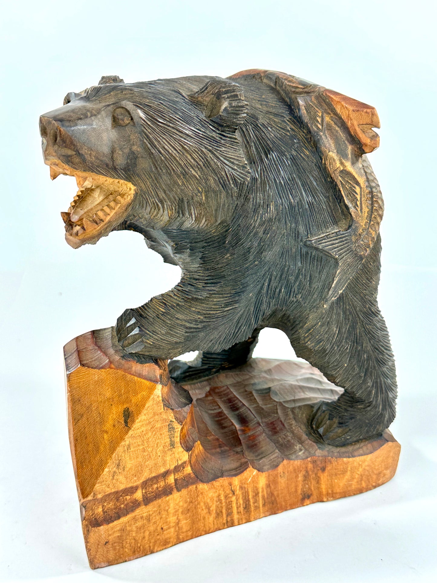 Vintage Japanese Ainu Bear Kuma w/ Salmon Sugi Wood ~10"