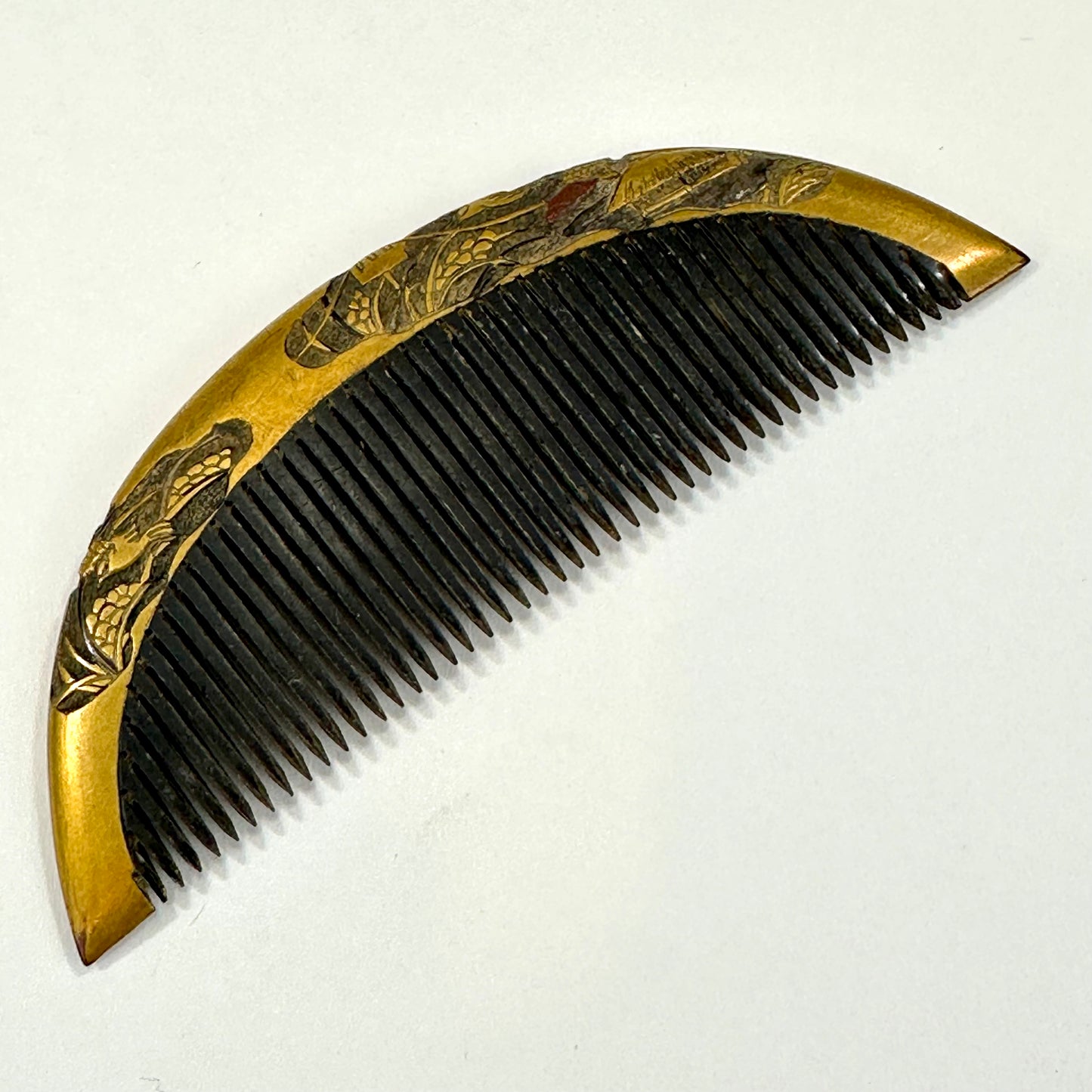 Antique Japanese Geisha Comb Kushi Hairpiece Kanzashi Gold Makie Village 3.75"