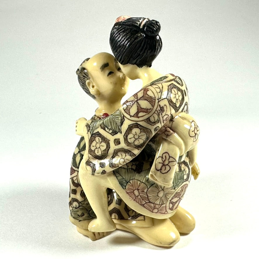 Vintage Japanese Shunga Erotic Figurine Couple Faux-Ivery Resin Hand Painted Showa c