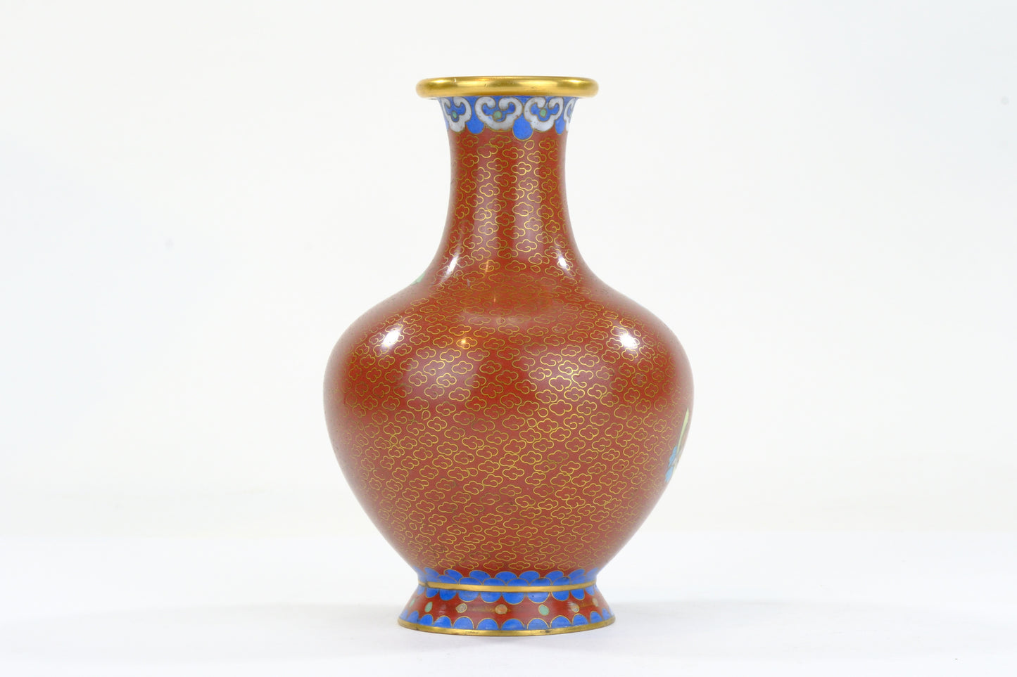 Chinese Cloisonne Enamel Vase Red Rust Ground White Peony Scholar Rock Blue Foot 6"H