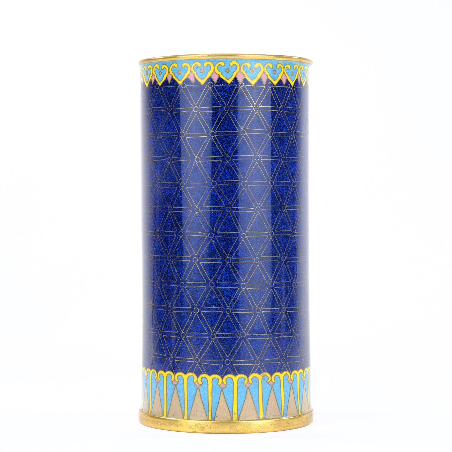 Chinese Cloisonne Enamel Brush Pot Cylinder Vase Blue Ground Scholar Objects Panel 7"H