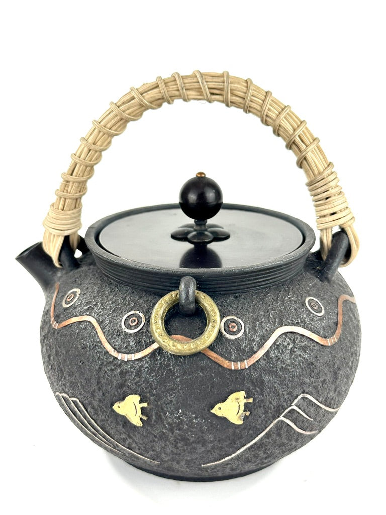 Vintage Japanese Signed Cast Iron Tetsubin Plover Wave Gold Silver Copper Inlay Showa 6.5"W LS#055