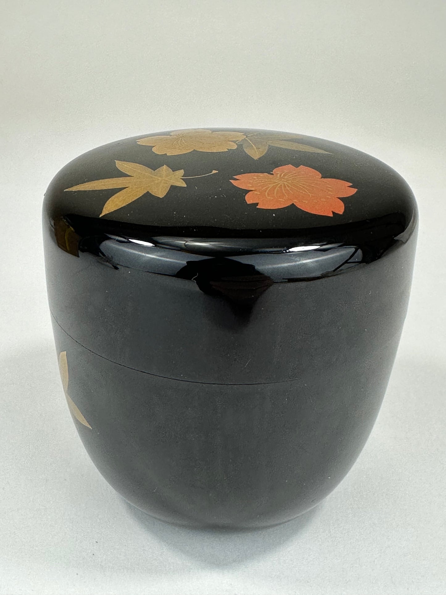 Japanese Tea Ceremony Natsume Black Lacquer Gold Makie plum flowers & leaves 3”