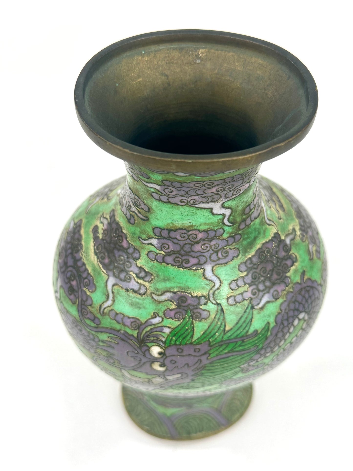 Antique Chinese Late Qing Dynasty (c1910) Cloisonné Vase Emerald Dragon 9”