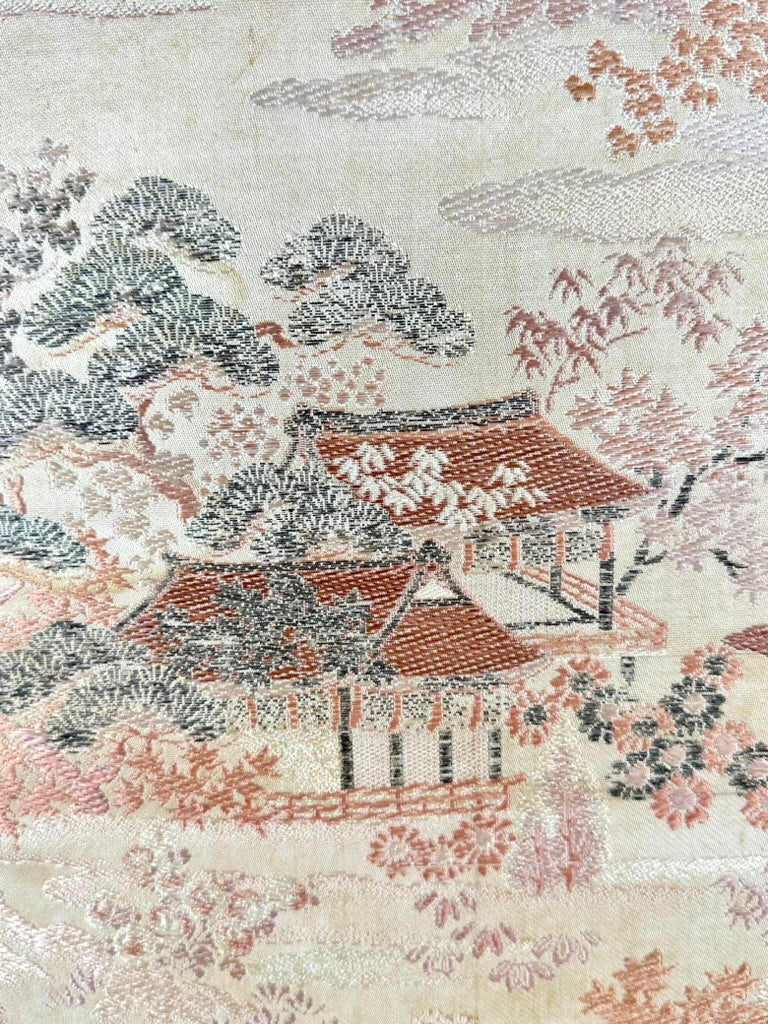 Antique Japanese Silk Obi Pictorial Garden Pavilion Bridge Genji Wheel 12'L