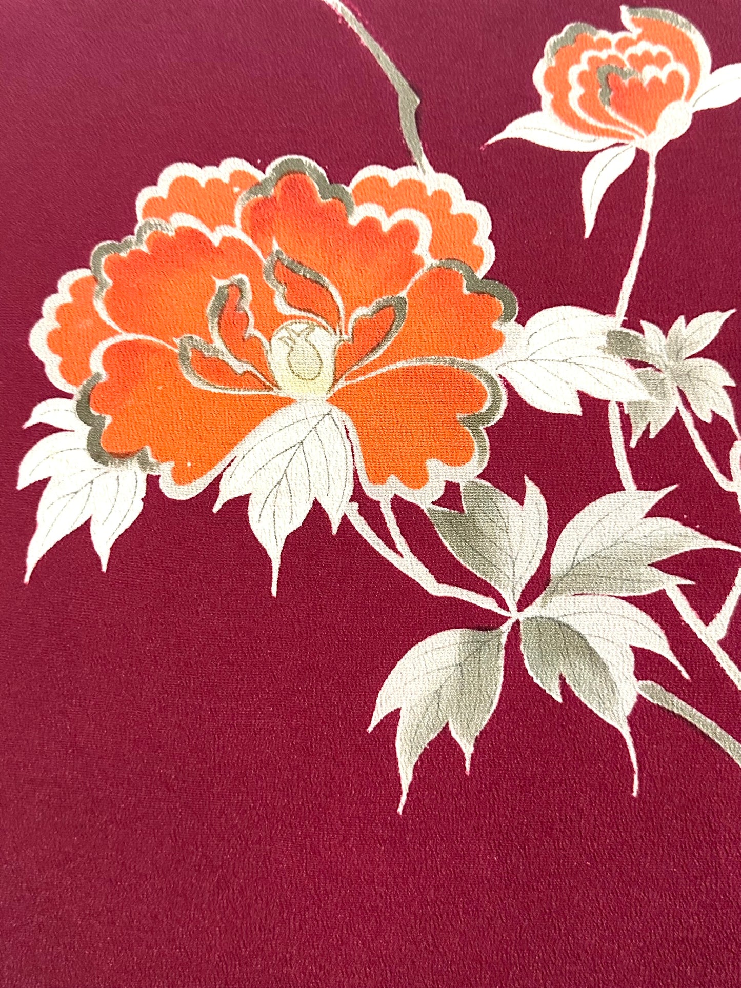 Vintage Japanese Silk Kimono Burgundy Peony Chirimen Crepe Showa