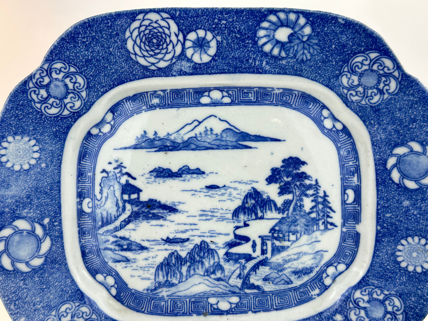 Antique Japanese Late Meiji c1910's Blue & White Porcelain Landscape Platter 10"W