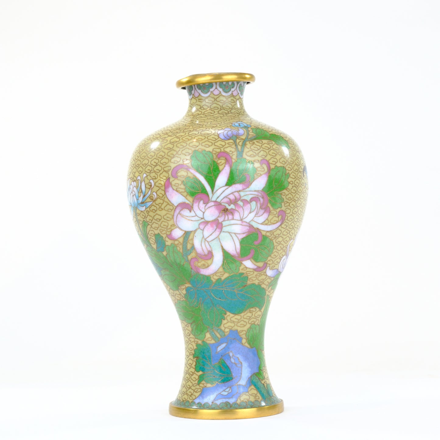 Chinese Cloisonne Enamel Meiping Vase Gold Ground Lotus Chrysanthemum Butterfly 9"H
