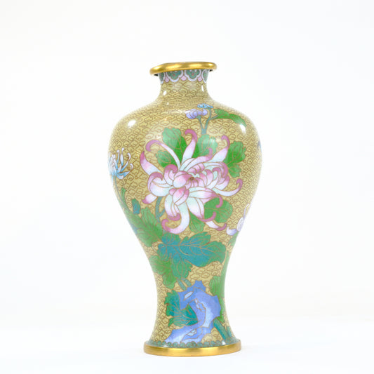 Chinese Cloisonne Enamel Meiping Vase Gold Ground Lotus Chrysanthemum Butterfly 9"H