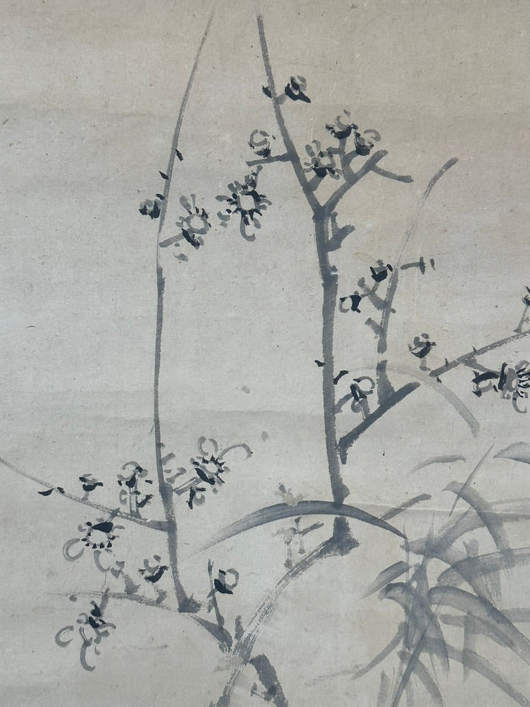 Antique Japanese Kakejiku Hanging Scroll Sparrow Bamboo Prunus Kacho-ga Ink 76"L