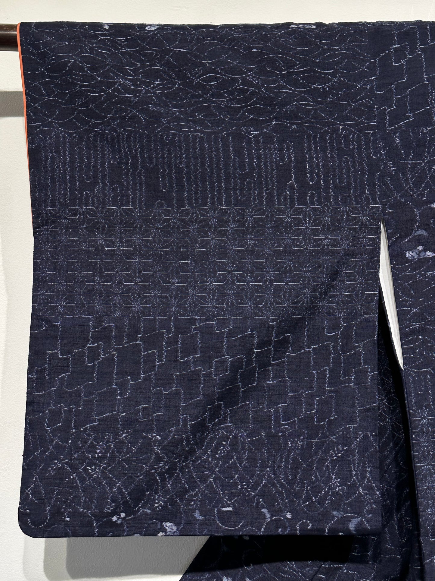 Japanese Tsumugi Ojiya Silk Kimono Hand Spun Dark Blue Asanoha