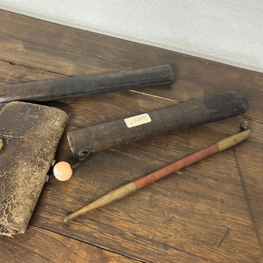 Antique Meiji Era Japanese Bronze Kiseru w/ Case & Pouch