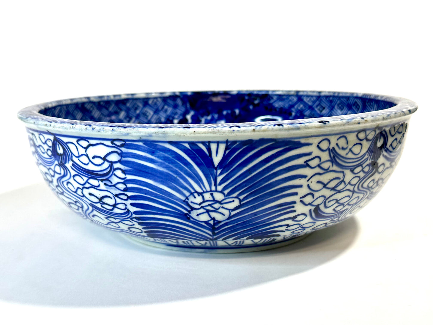 Antique Meiji Hand Painted Imari Japanese Ceramic Bowl Blue & White 11.5”