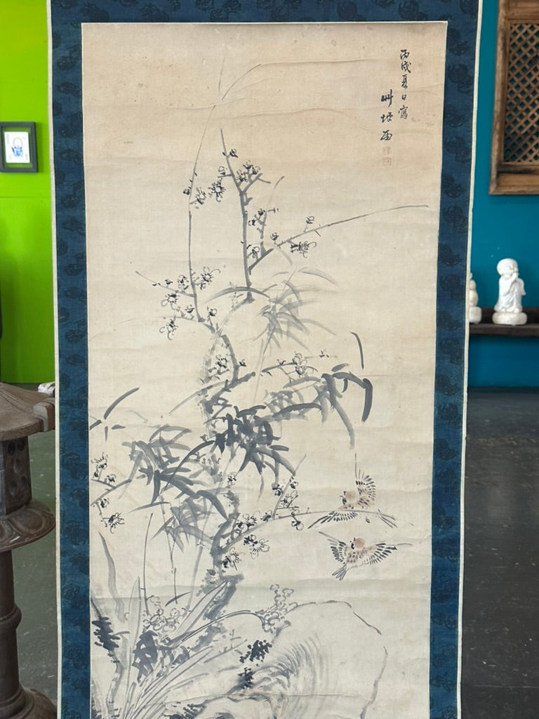 Antique Japanese Kakejiku Hanging Scroll Sparrow Bamboo Prunus Kacho-ga Ink 76"L