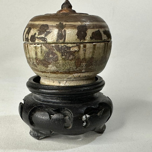 Southeast Asian Stoneware Covered Box Iron Slip Banded Decoration Hardwood Stand 2.5"