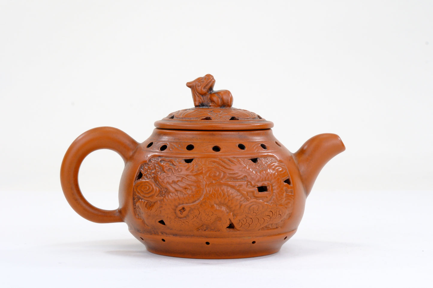 Vintage Chinese Yixing Style Teapot Double Wall Dragon Relief Shishi Finial Hongni Clay 6"