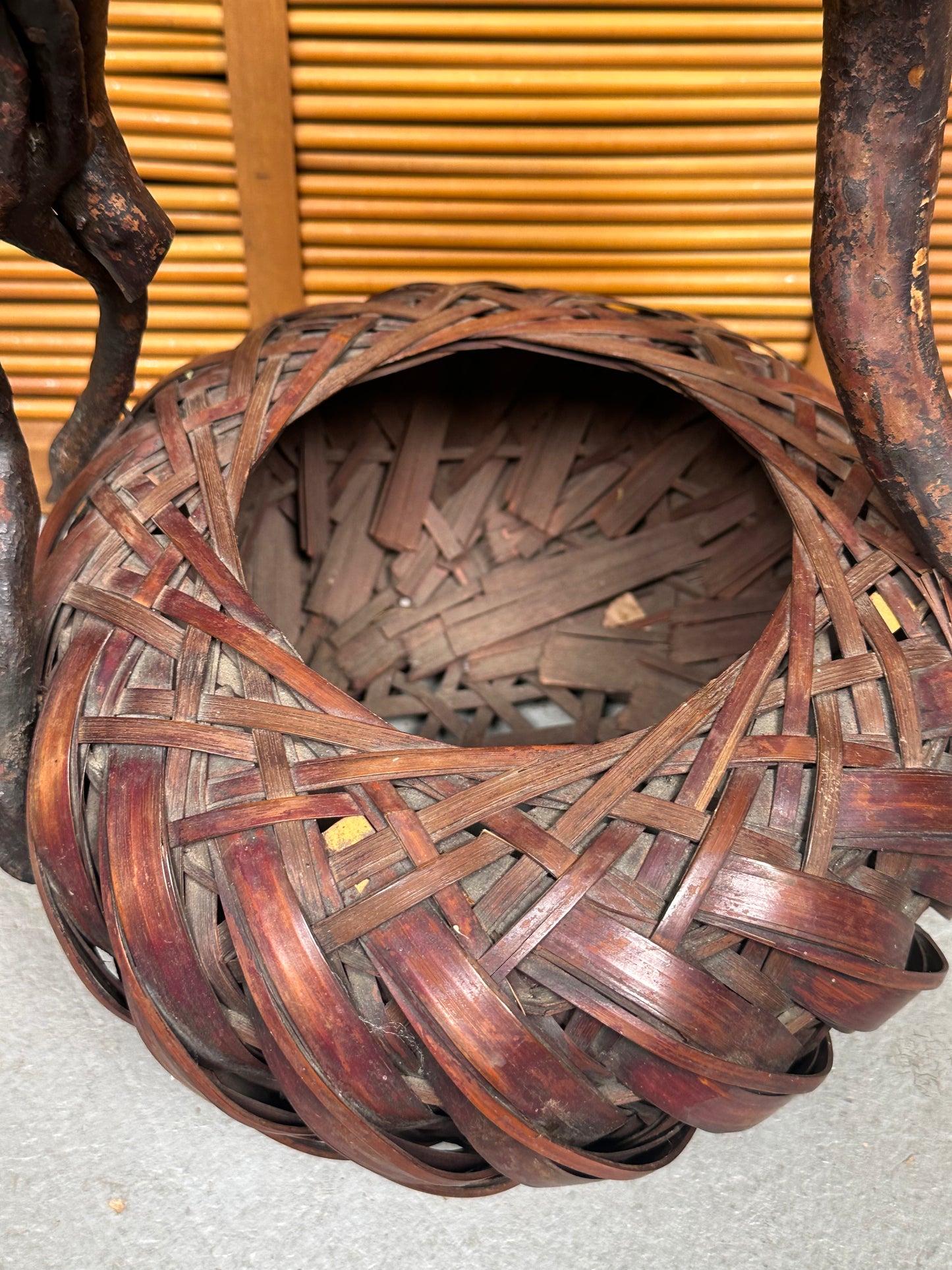 Antique Japanese Bamboo Flower Basket Hanakago Wisteria Branch Handle ~16"H