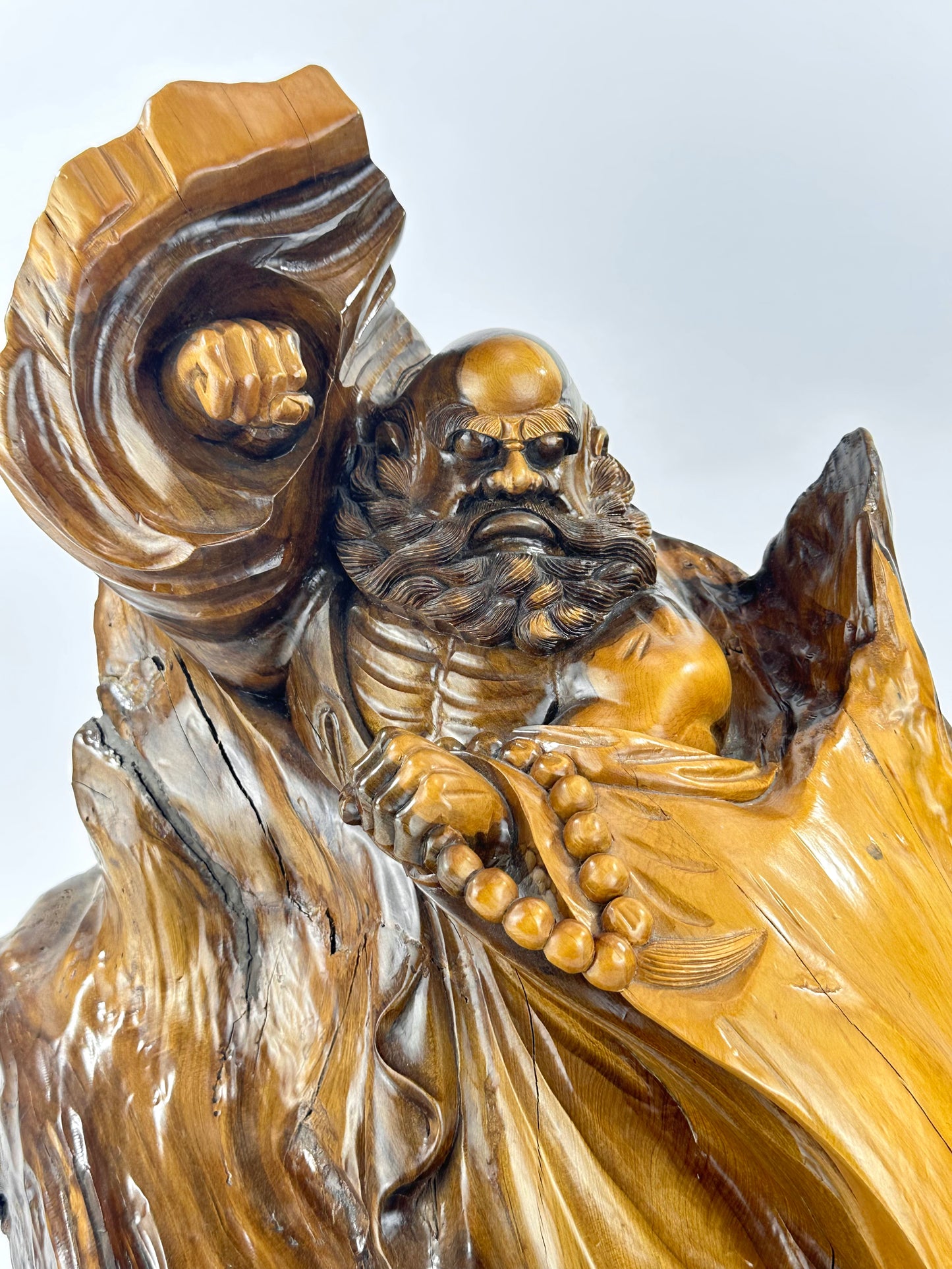 Japanese Showa Era Sugi Wood Carved Daruma Bodhidharma Sculpture Root Wood Base 17"H LS#089