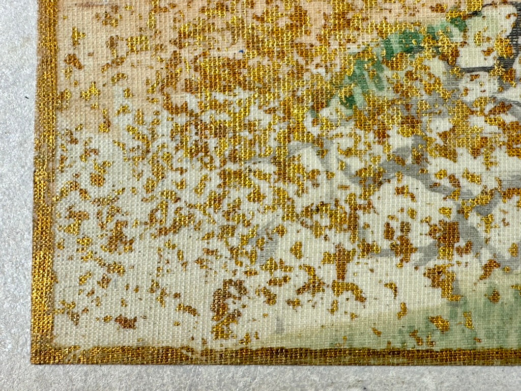 Antique Japanese Silk Painting Tea Pickers Genre Scene Gold Fleck 14"W