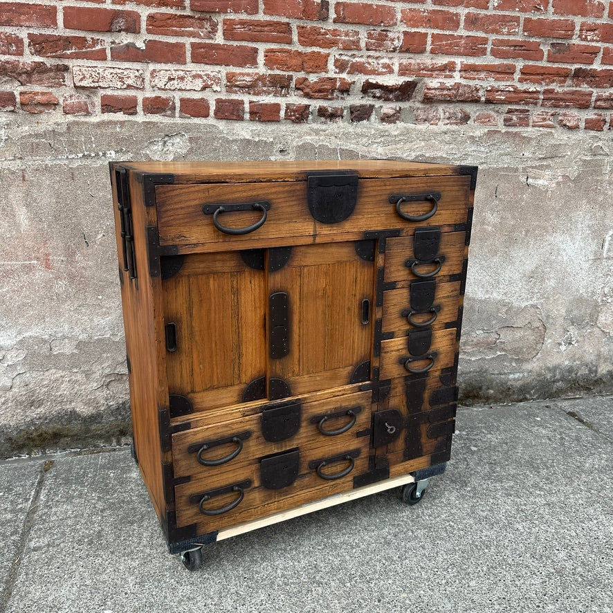 Antique Japanese Chobadansu Merchant Chest Sugi Iron Hardware Dated Meiji 1880