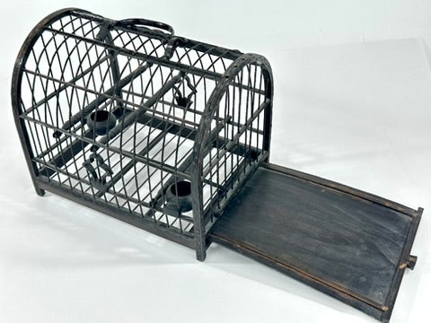 Chinese Vintage Blackened Bamboo Birdcage Barrel Vault Dome Perch Feeder Fret Border 8 Inches