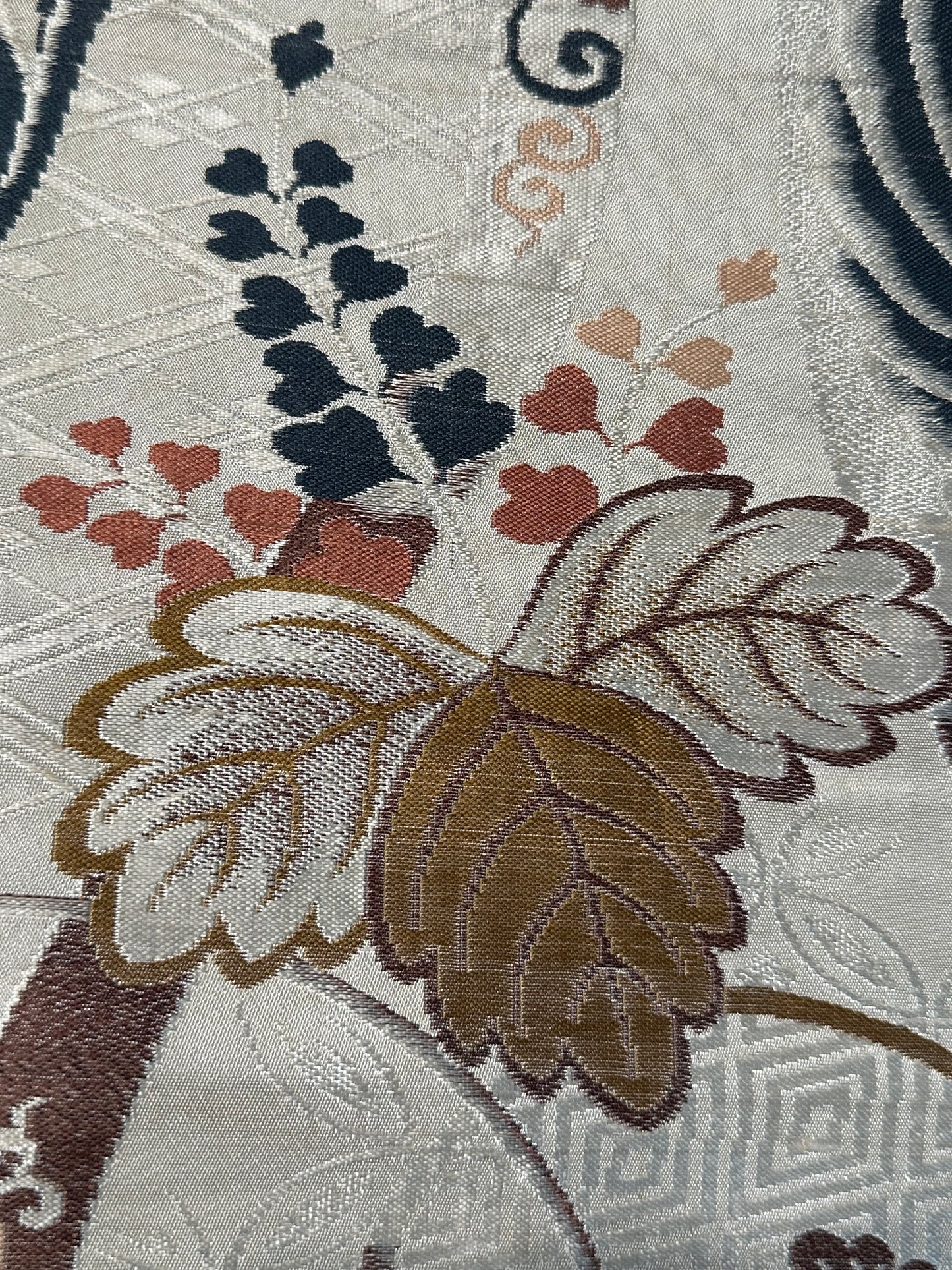 Antique Japanese Silk Maru Obi Green & Pink on White Phoenix & Flowers 13ft