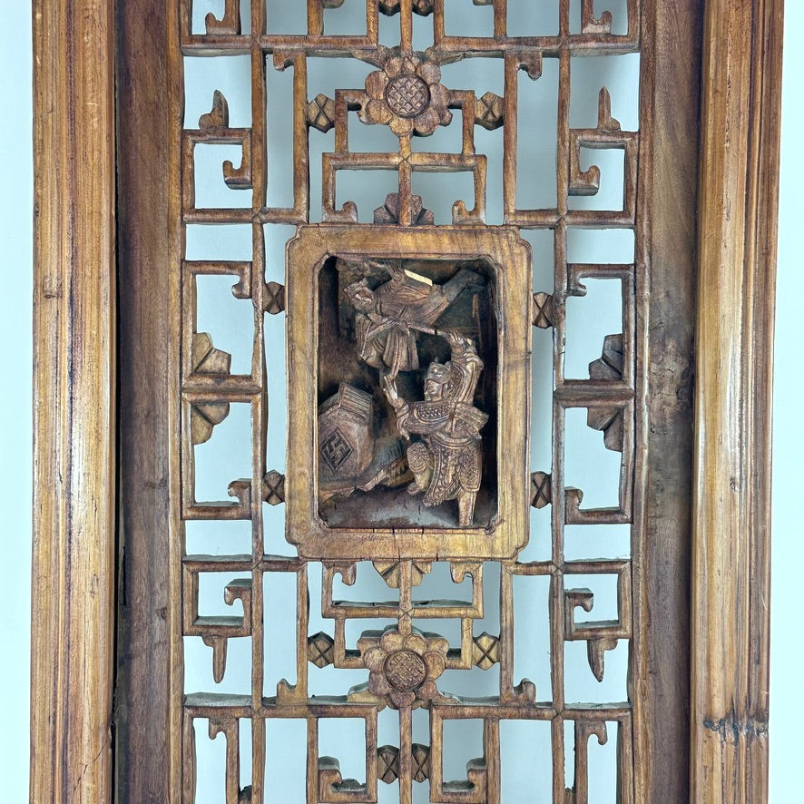 Antique Chinese Qing Carved Wood Lattice Window Shutter Panel 32″H